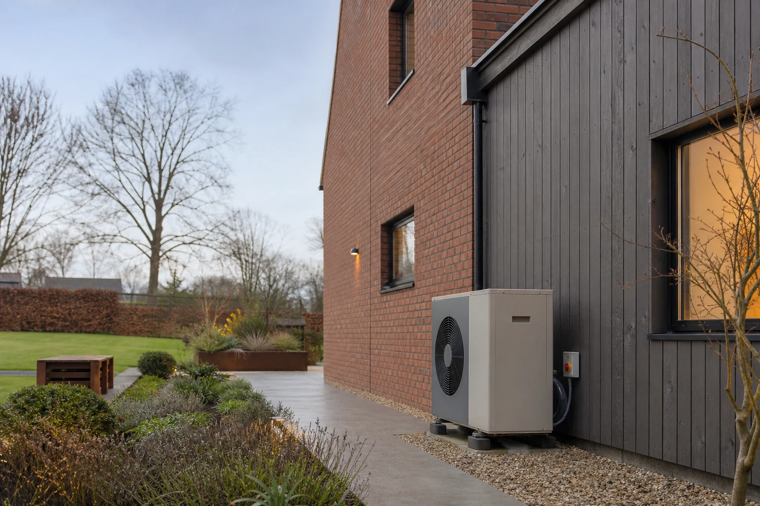Air-source heat pump beside a modern energy-efficient British home