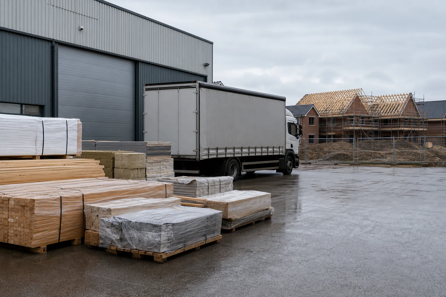 Construction materials awaiting delivery beside a UK port logistics yard