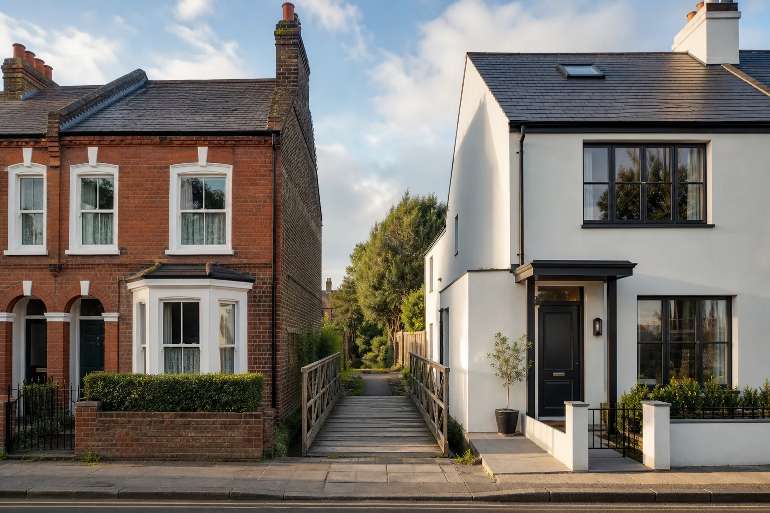 Temporary footbridge connecting two contrasting UK homes in a residential street