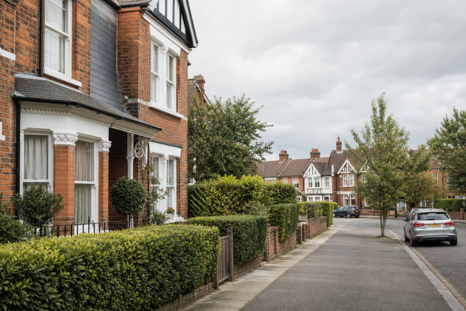 UK residential street with a clear onward route beyond a brick home