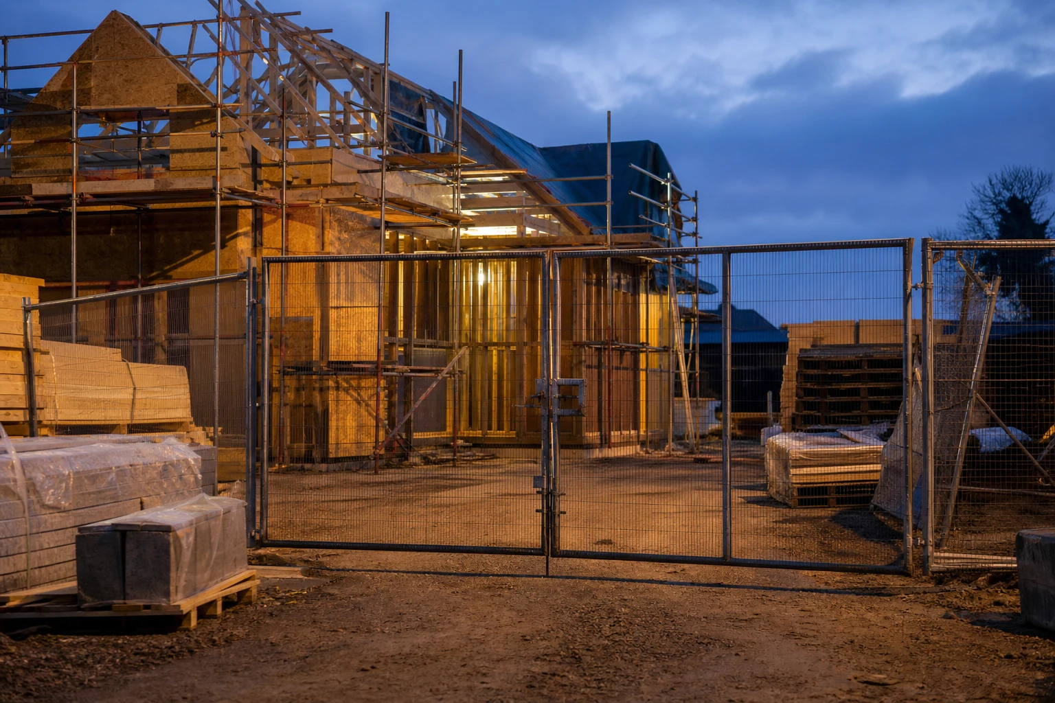 Secured partially built homes with materials protected during construction