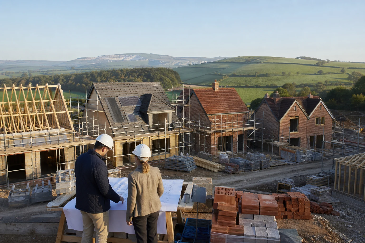 Residential development under construction in Dorset countryside with advisers reviewing plans