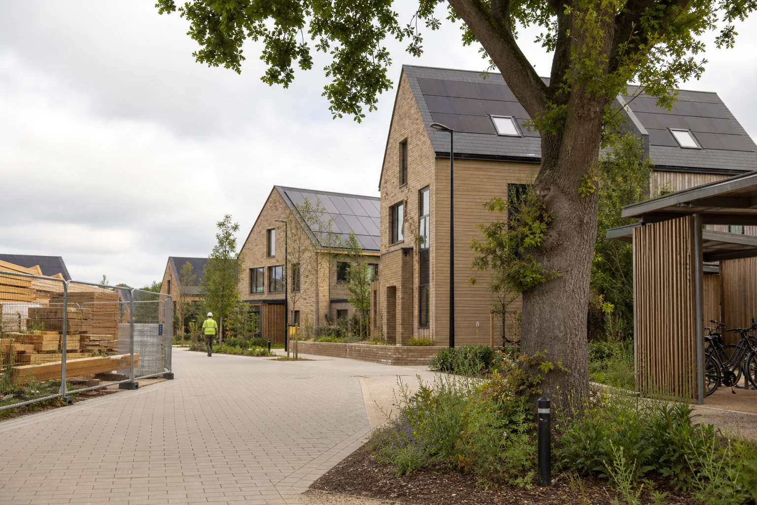 Low-carbon UK housing development with solar roofs, native planting and organised materials