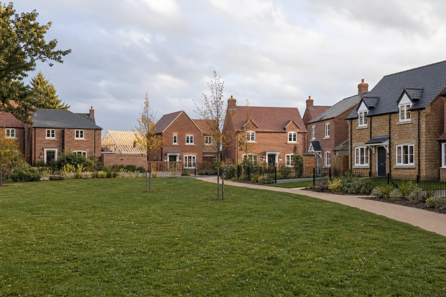 New homes arranged around a village green in rural Leicestershire
