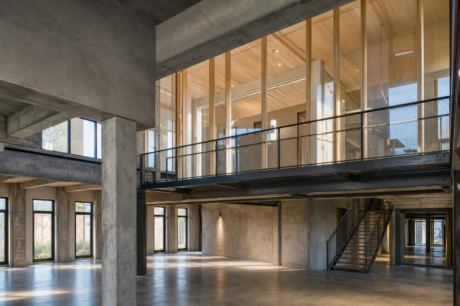 Contemporary mezzanine level bridging two floors in a modern commercial building