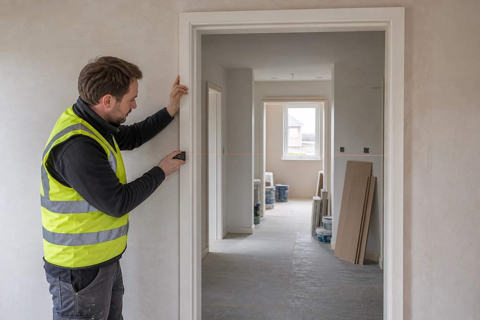 Quantity surveyor checks dimensions inside a partially completed UK townhouse