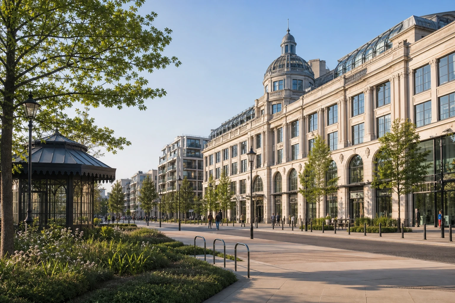 Queensway streetscape with Whiteleys dome, greenery and modern regeneration architecture