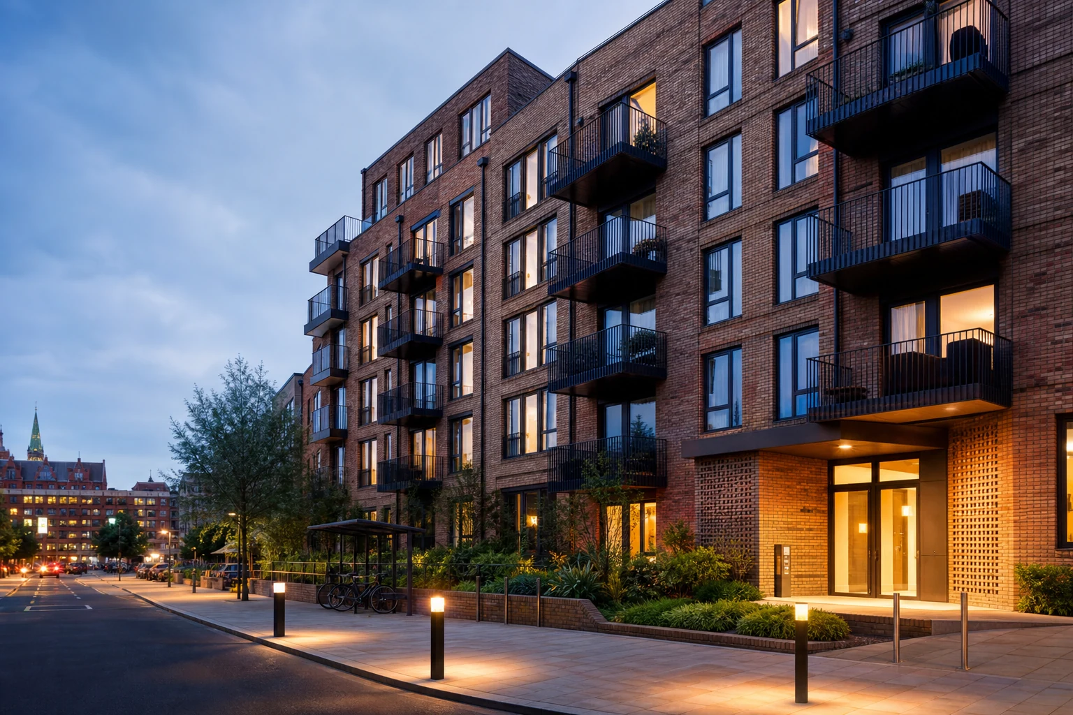 Contemporary regional UK build-to-rent apartments glowing at blue hour