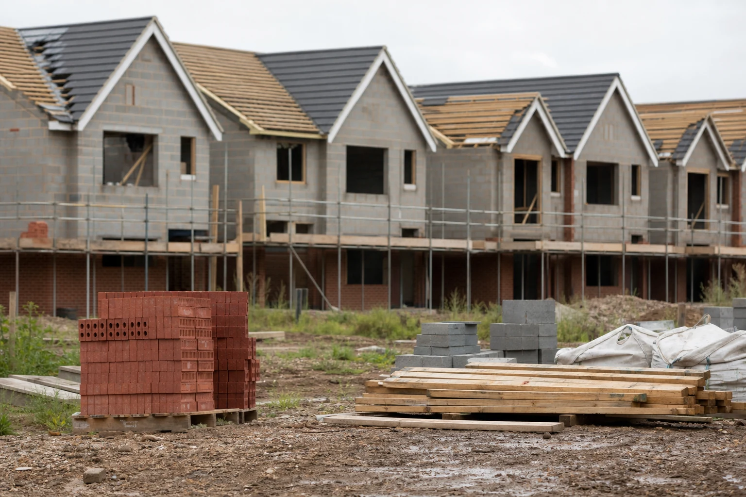 Limited building materials beside unfinished UK homes on a stalled development