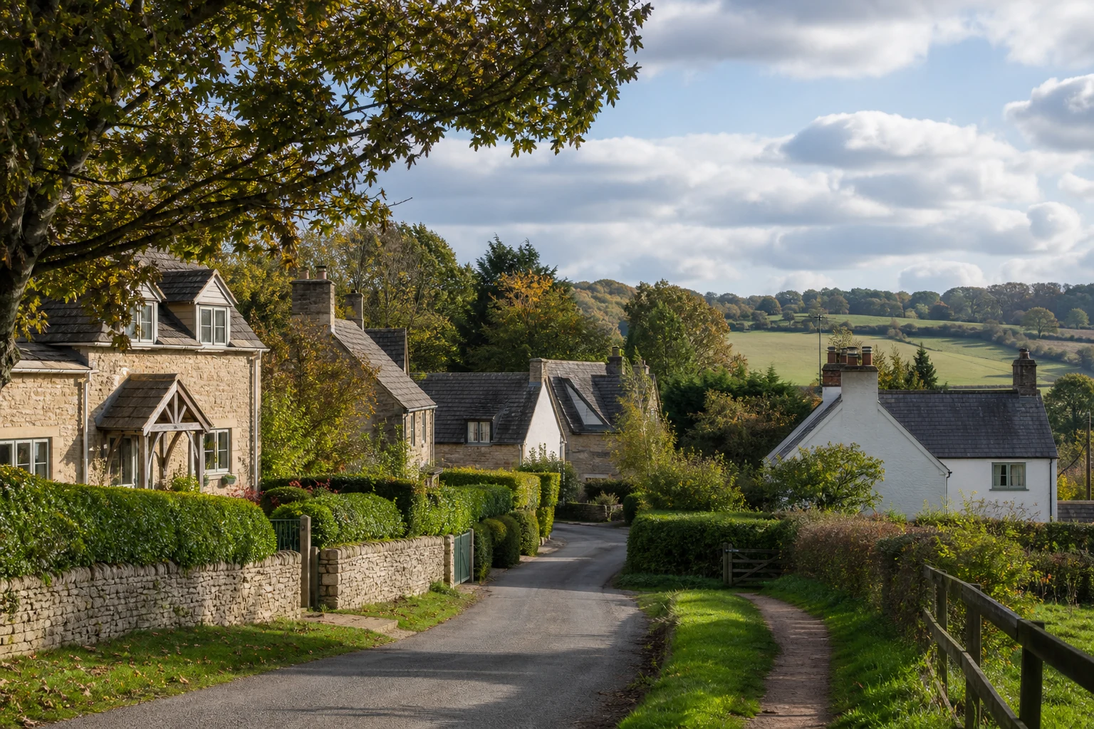 Quiet English village homes beside open countryside and mature hedgerows