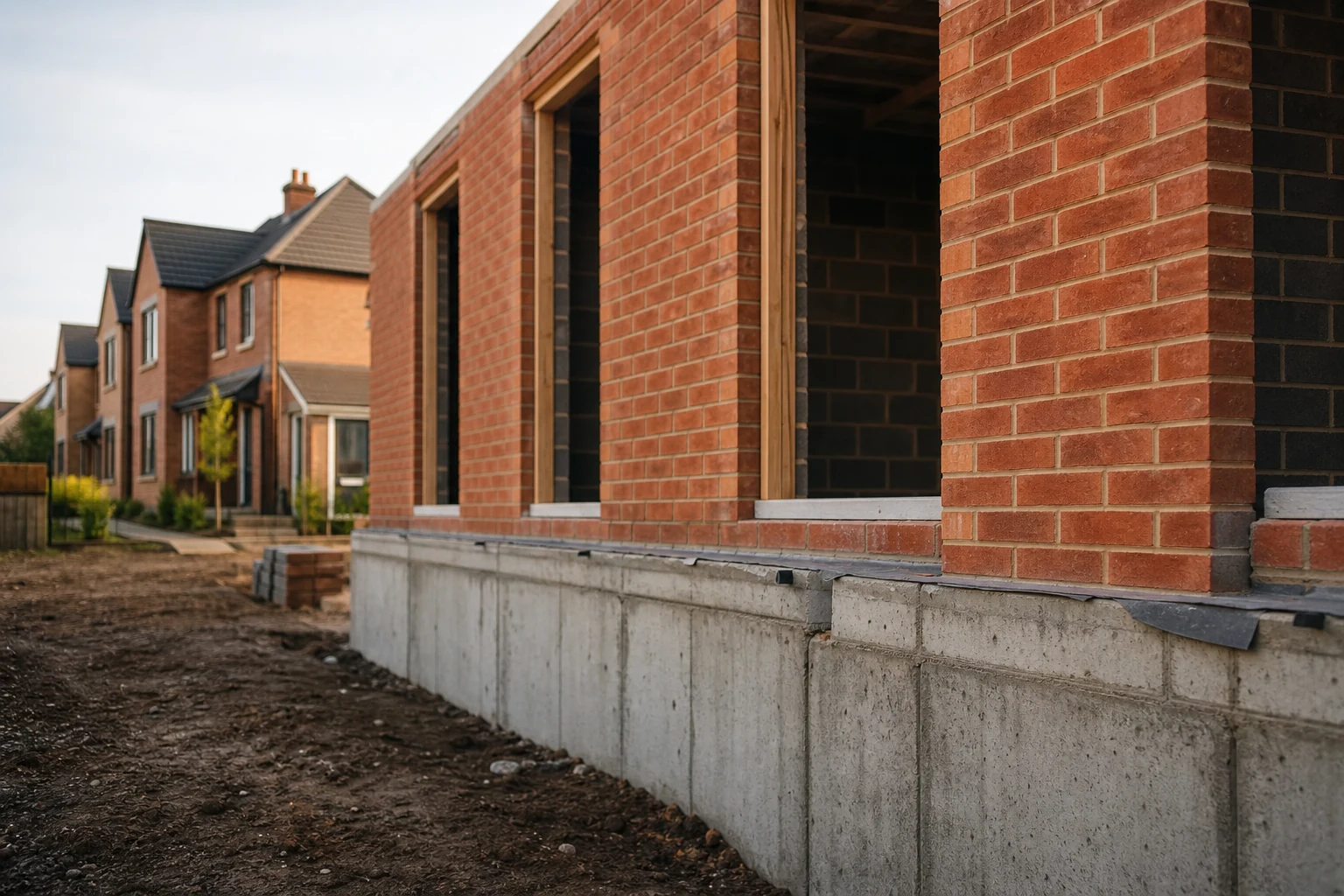 UK townhouse development with solid foundations and completed homes behind