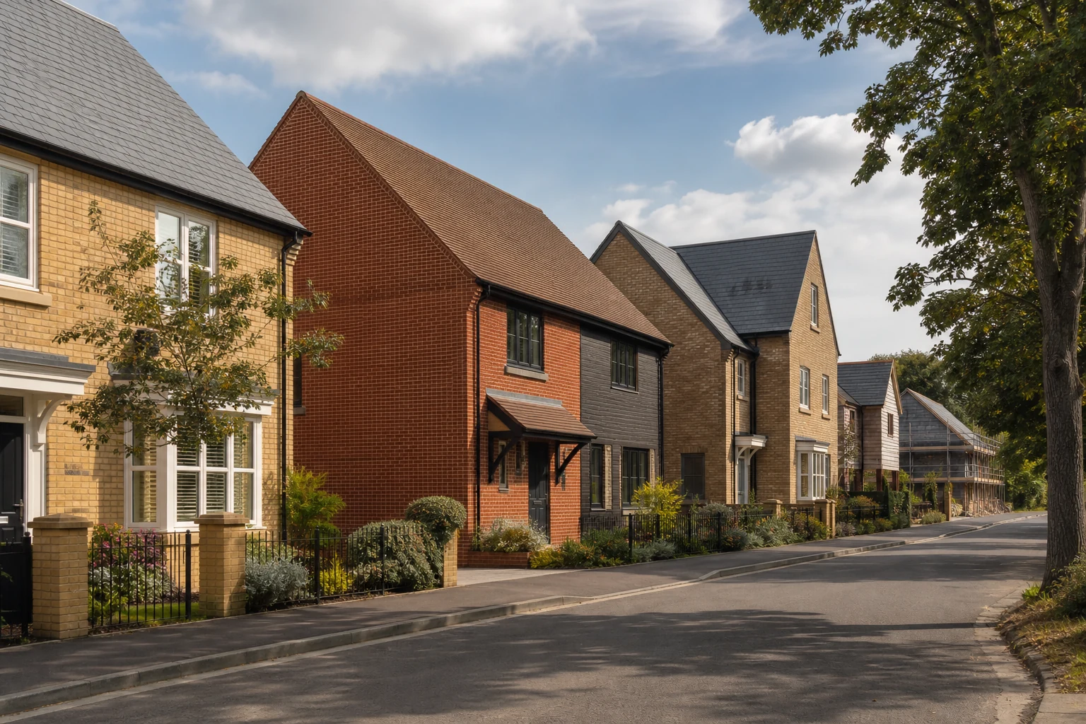 Compact UK housing development showing varied homes built on a human scale