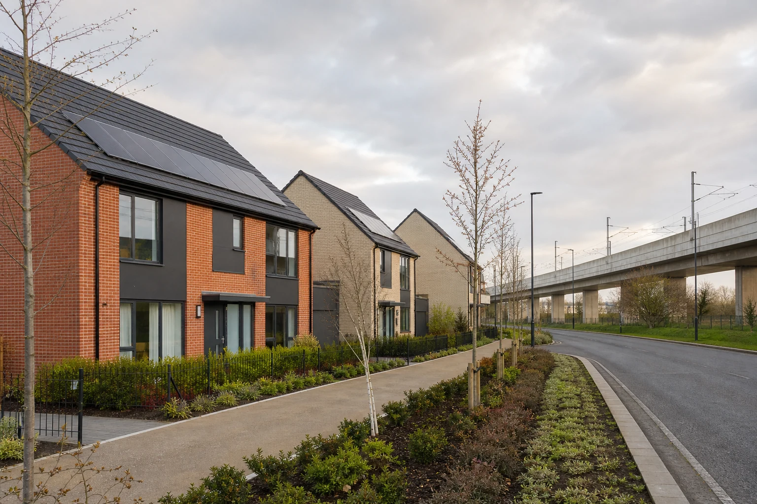 Energy-efficient new homes beside upgraded UK transport infrastructure