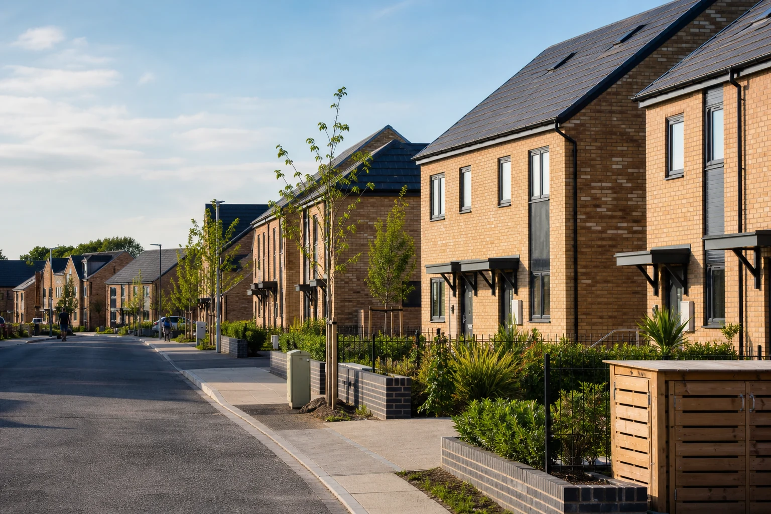 New affordable homes lining a landscaped residential street in England