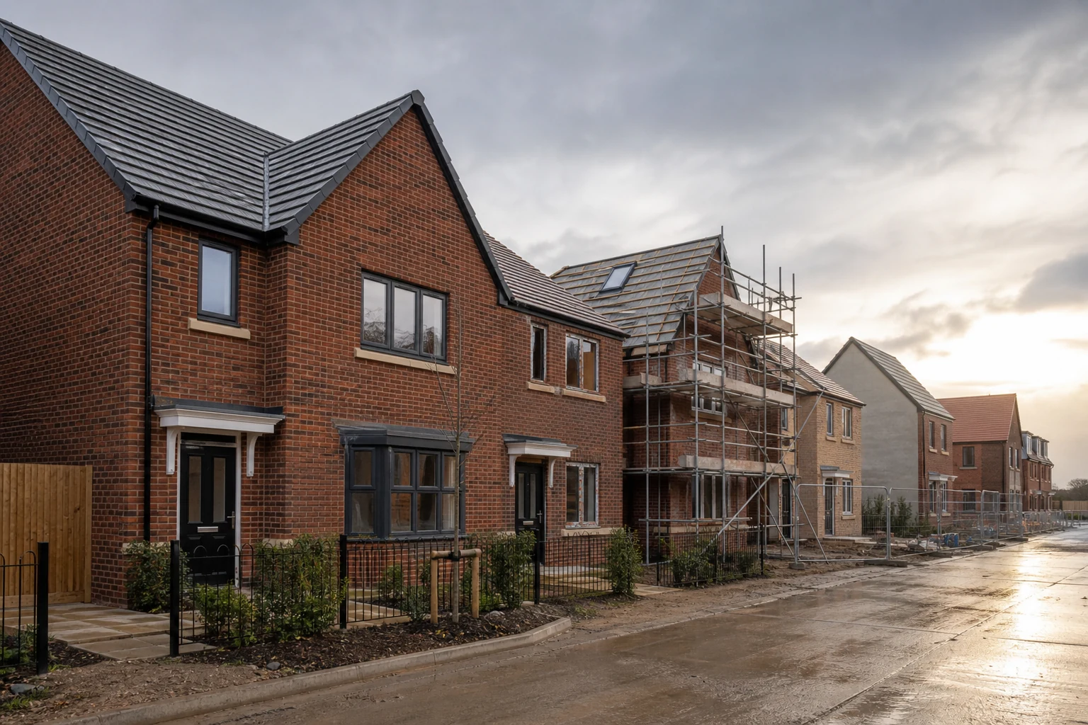 UK townhouse development shown at different stages of completion