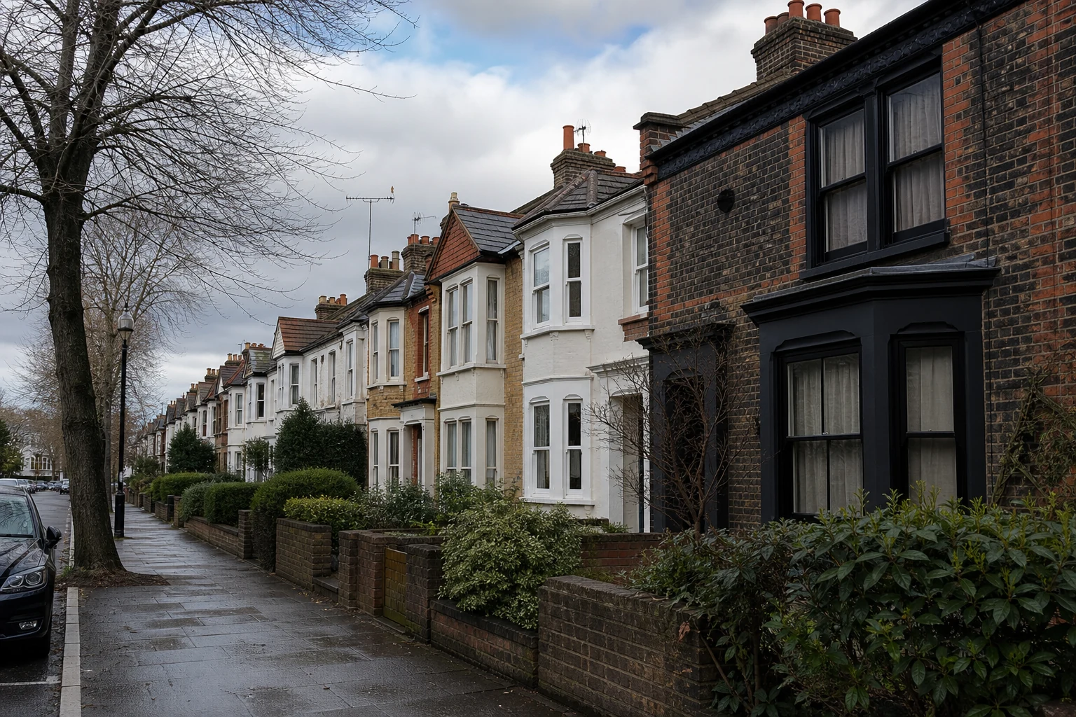 Quiet British residential street under muted winter skies