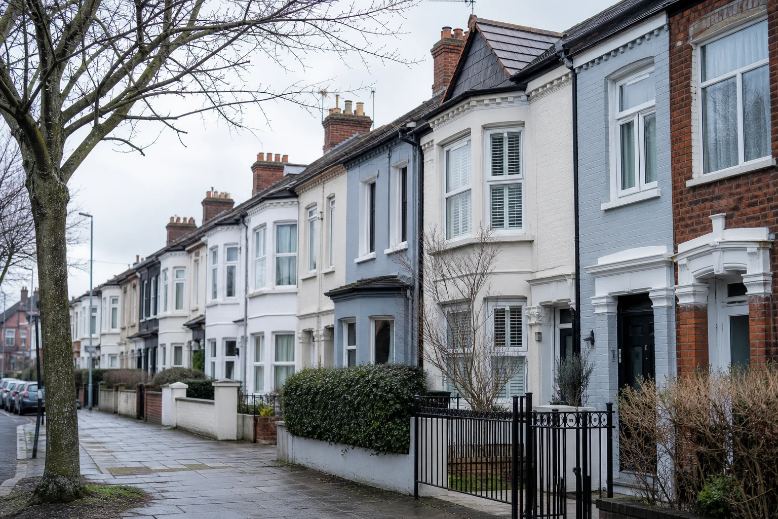 Quiet UK terraced houses under muted winter light