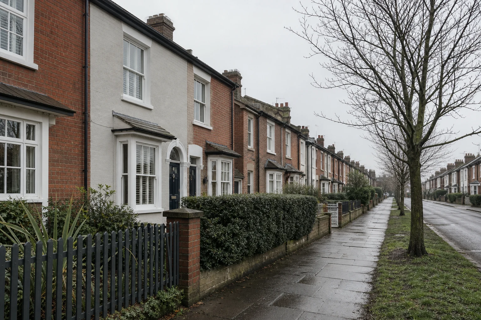 Quiet British residential street under subdued January light