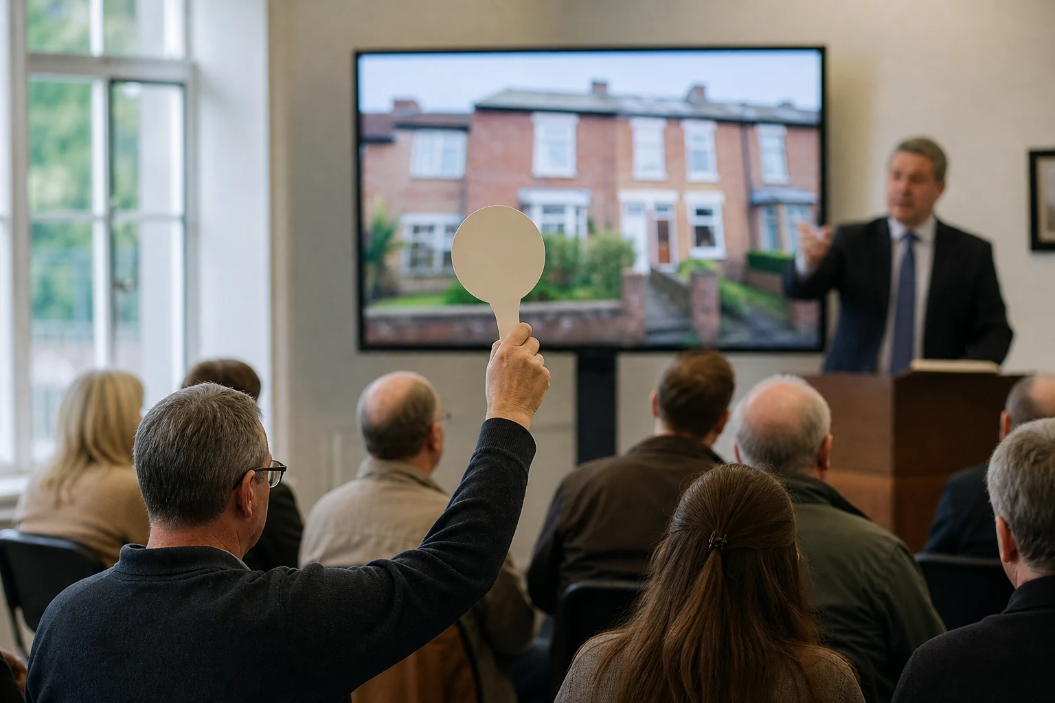 Bidder raises a paddle during an auction for a modest British terrace house