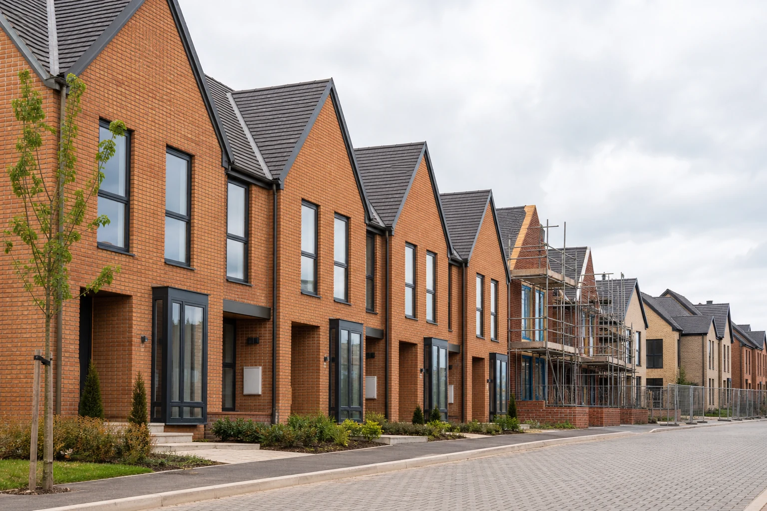 Part-built UK townhouse development showing construction progress and project scale