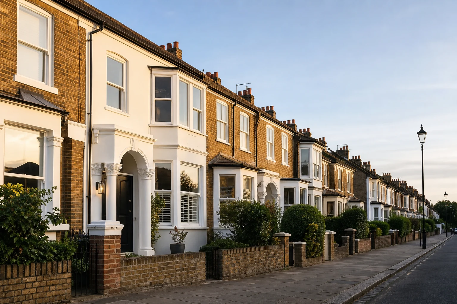 UK terraced homes viewed along a rising residential street