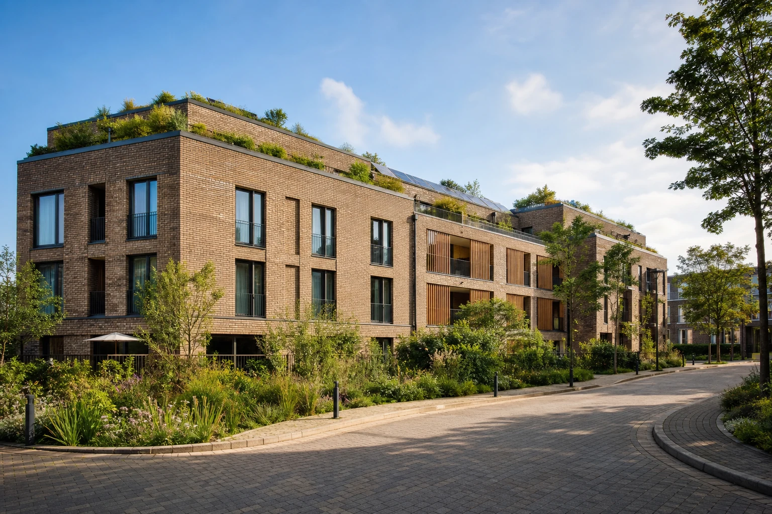 UK residential development with green roofs, solar panels and planted sustainable landscaping