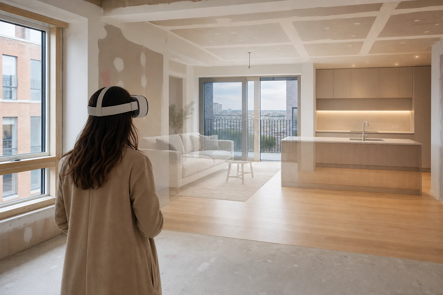 Prospective buyer uses virtual reality to view an unfinished new-build apartment