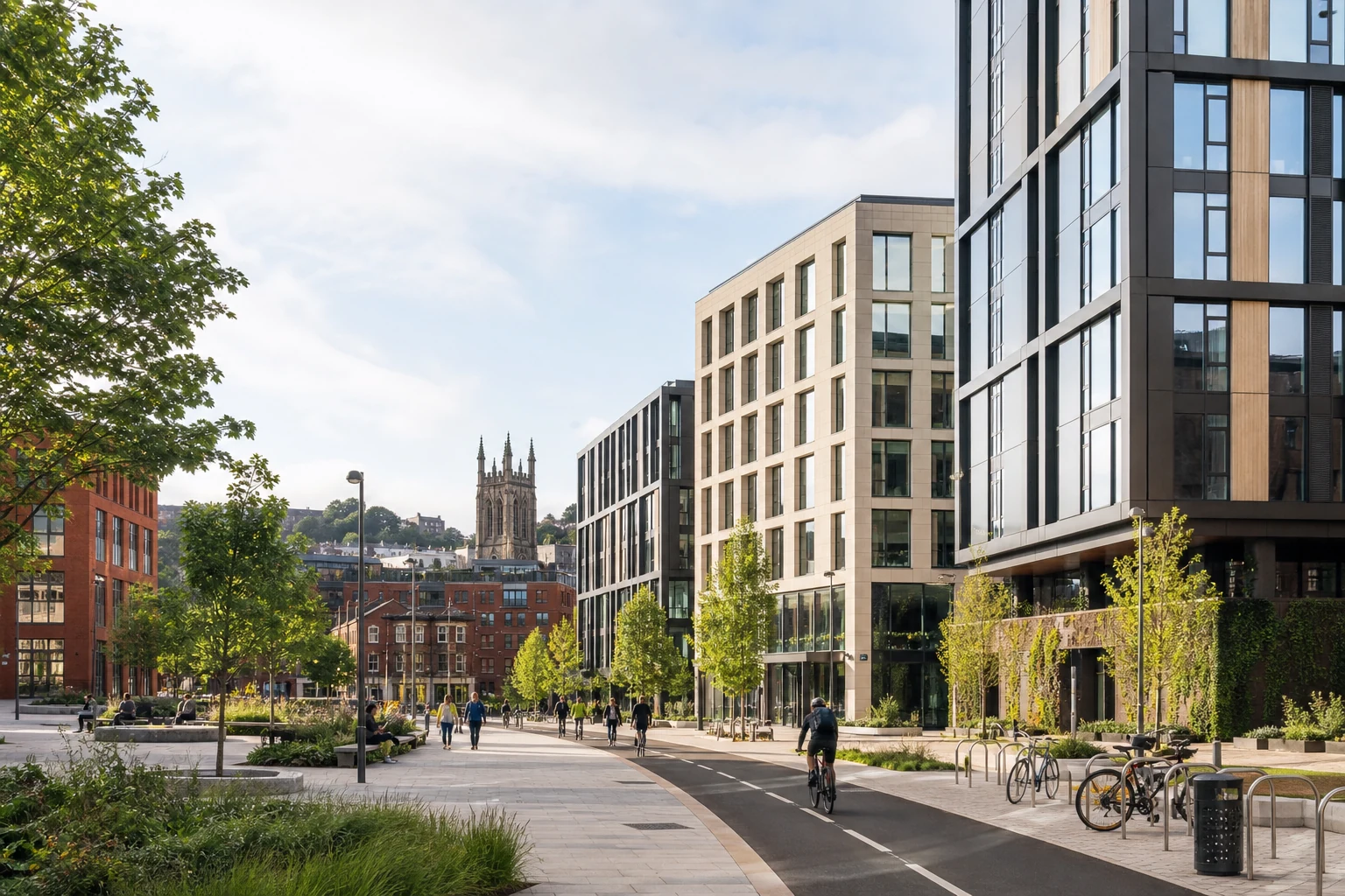Mixed-use city-centre regeneration scheme with green public space and cycle routes