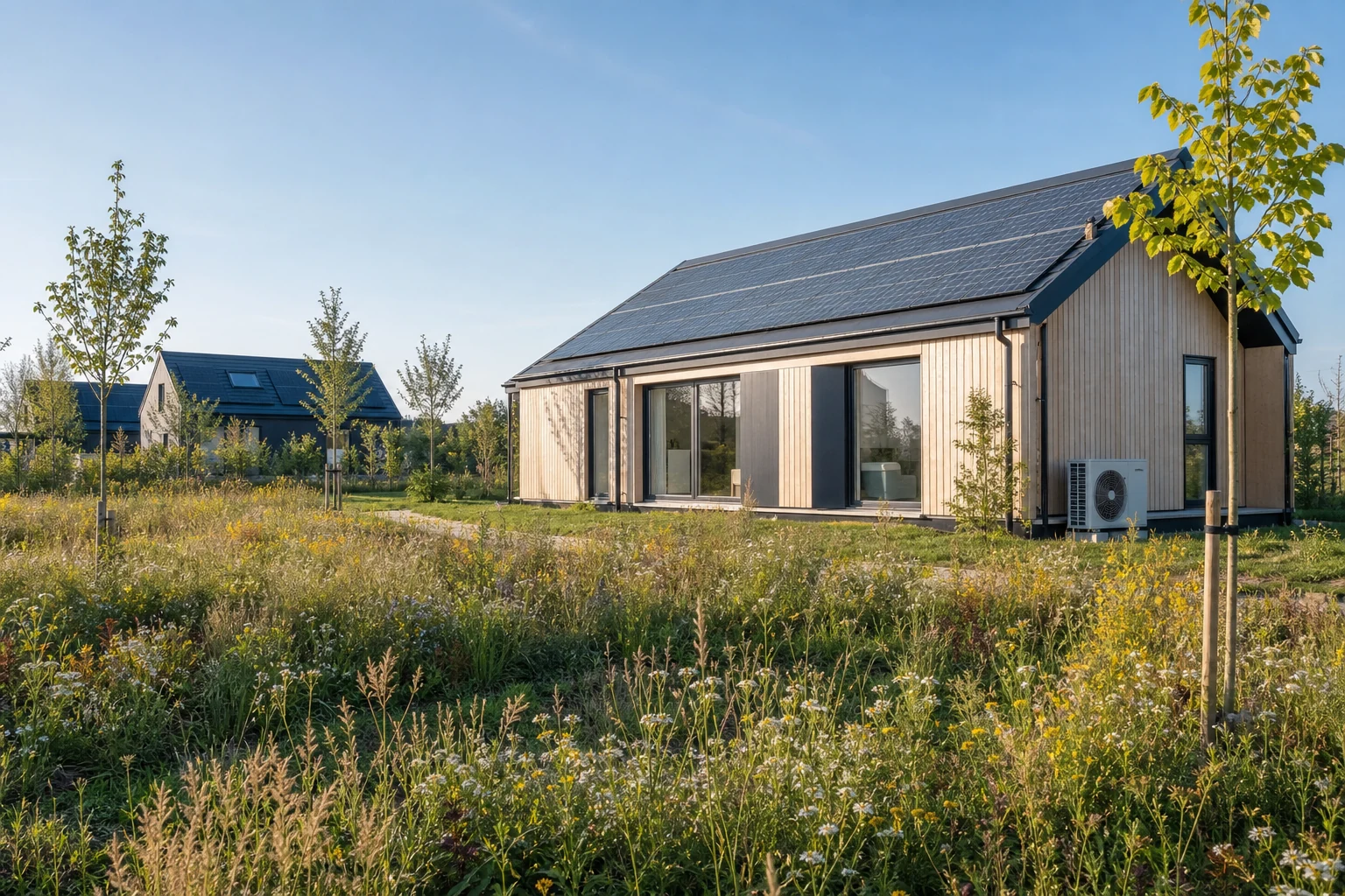 Modular Essex home with rooftop solar panels beside a biodiverse green space